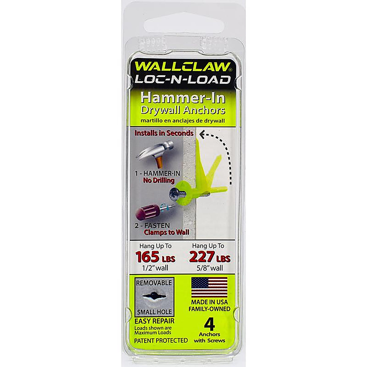 WallClaw Anchors PCK-WC4-YS .25 in. Dia. x 2 in. L Plastic/Steel Pan Head Wallboard Anchors 4/Pack