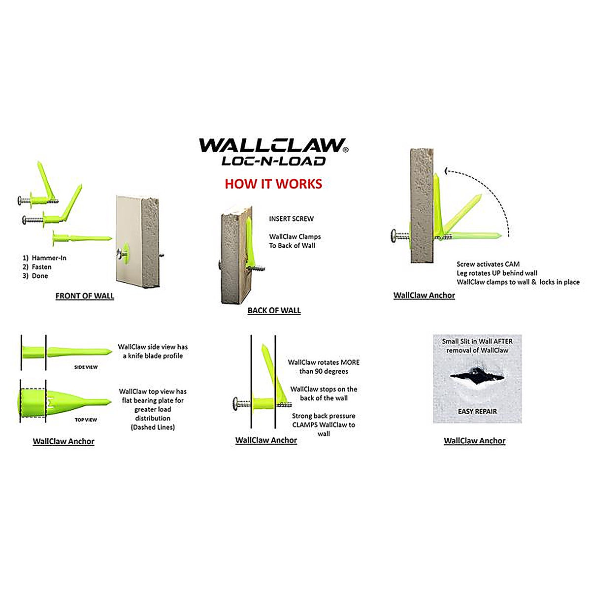 WallClaw Anchors PCK-WC4-YS .25 in. Dia. x 2 in. L Plastic/Steel Pan Head Wallboard Anchors 4/Pack