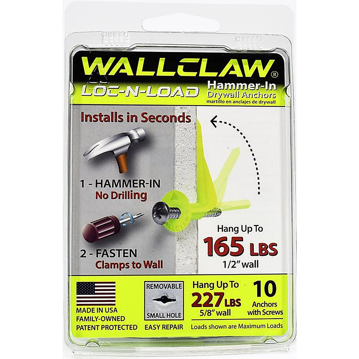 WallClaw Anchors PCK-WC10-YS .25 in. Dia. x 2 in. L Plastic/Steel Pan Head Wallboard Anchors 10/Pack