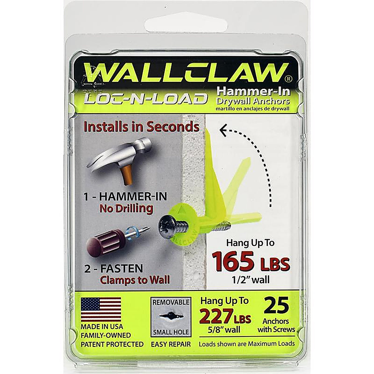 WallClaw Anchors PCK-WC25-YS .25 in. Dia. x 2 in. L Plastic/Steel Pan Head Wallboard Anchors 25/Pack