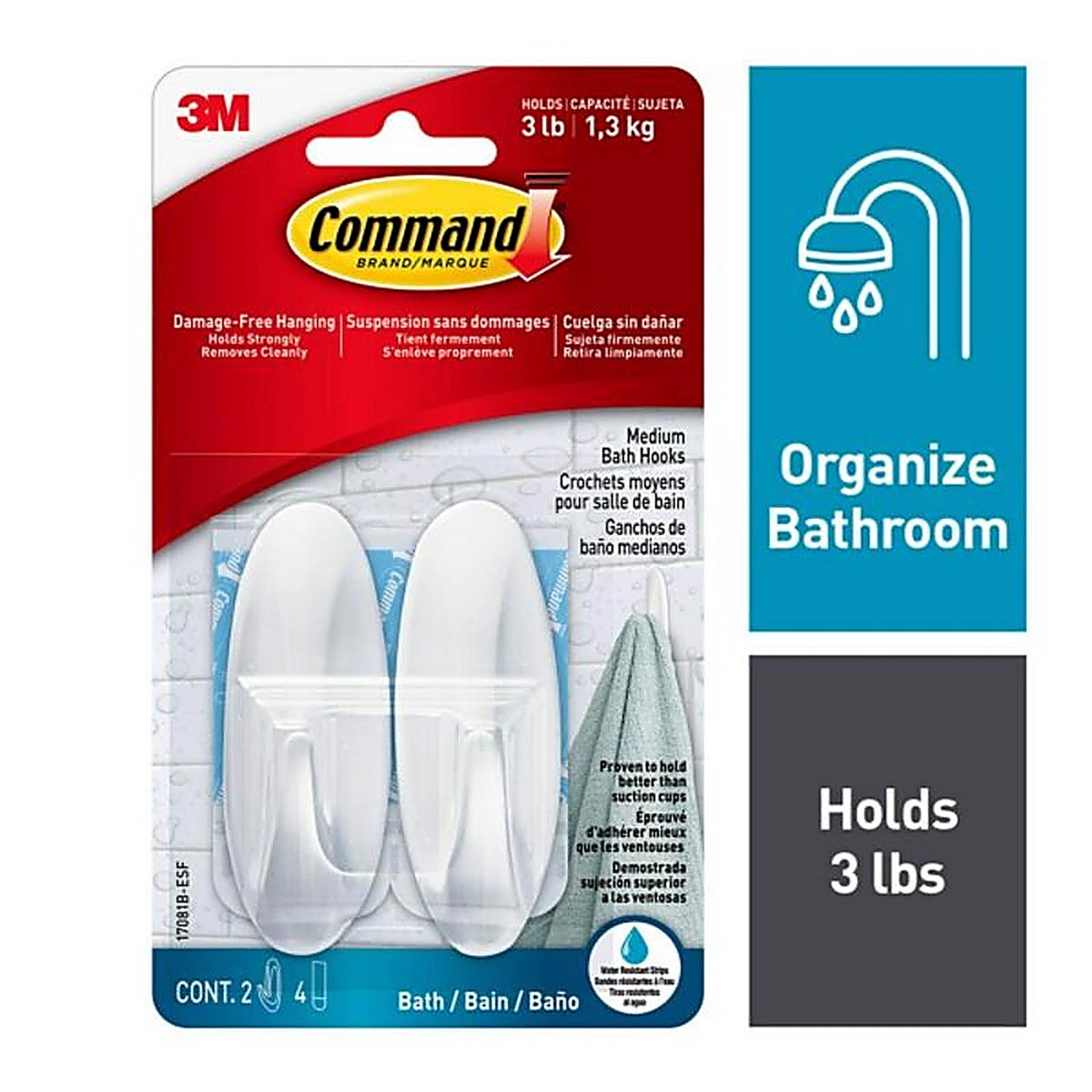 3M 17081B-ES 3M Medium Plastic Bath Hook 2/Pack
