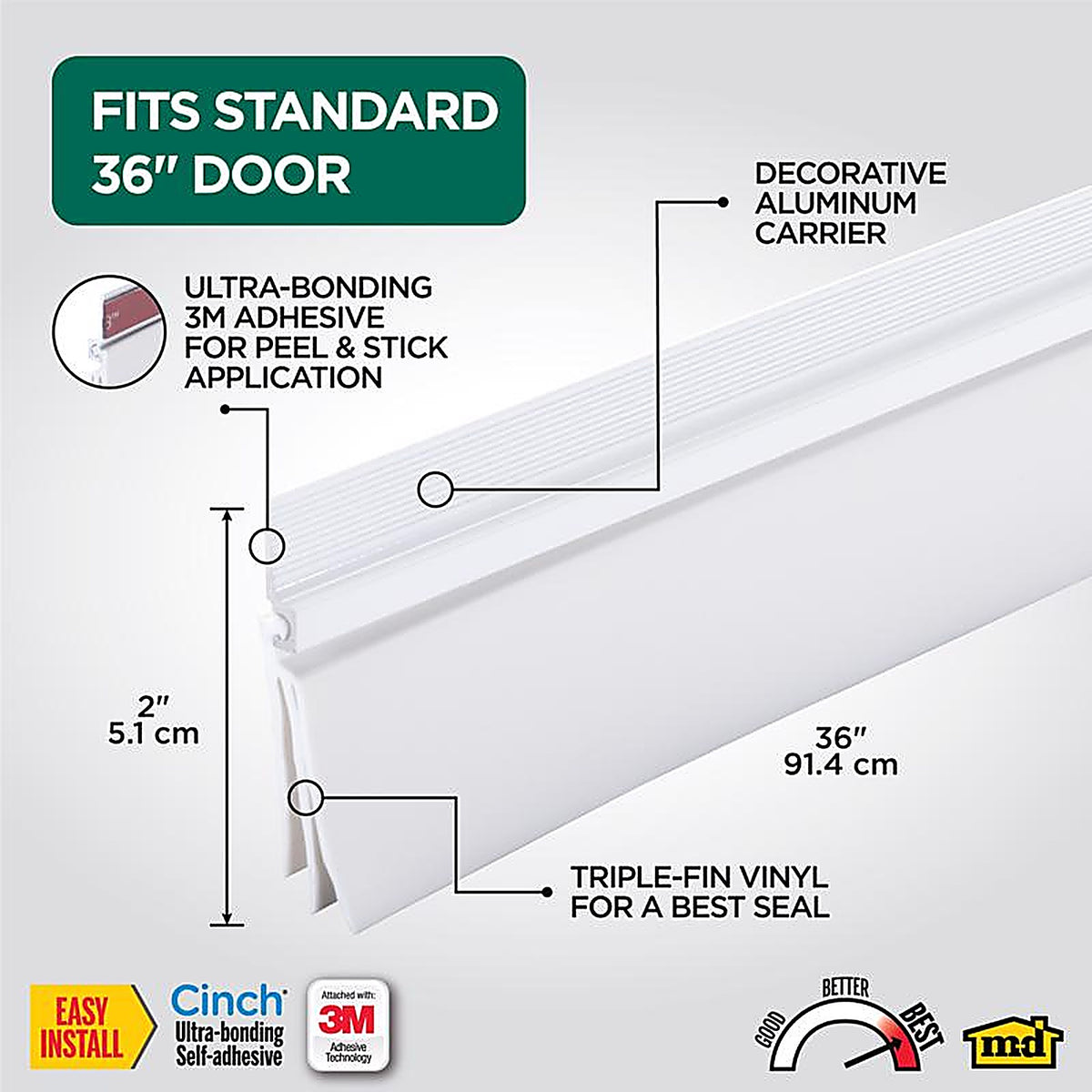 M-D 43301 Cinch White Aluminum/Vinyl Weatherstrip For Doors, Doors 36 in. L x 1/4 in.