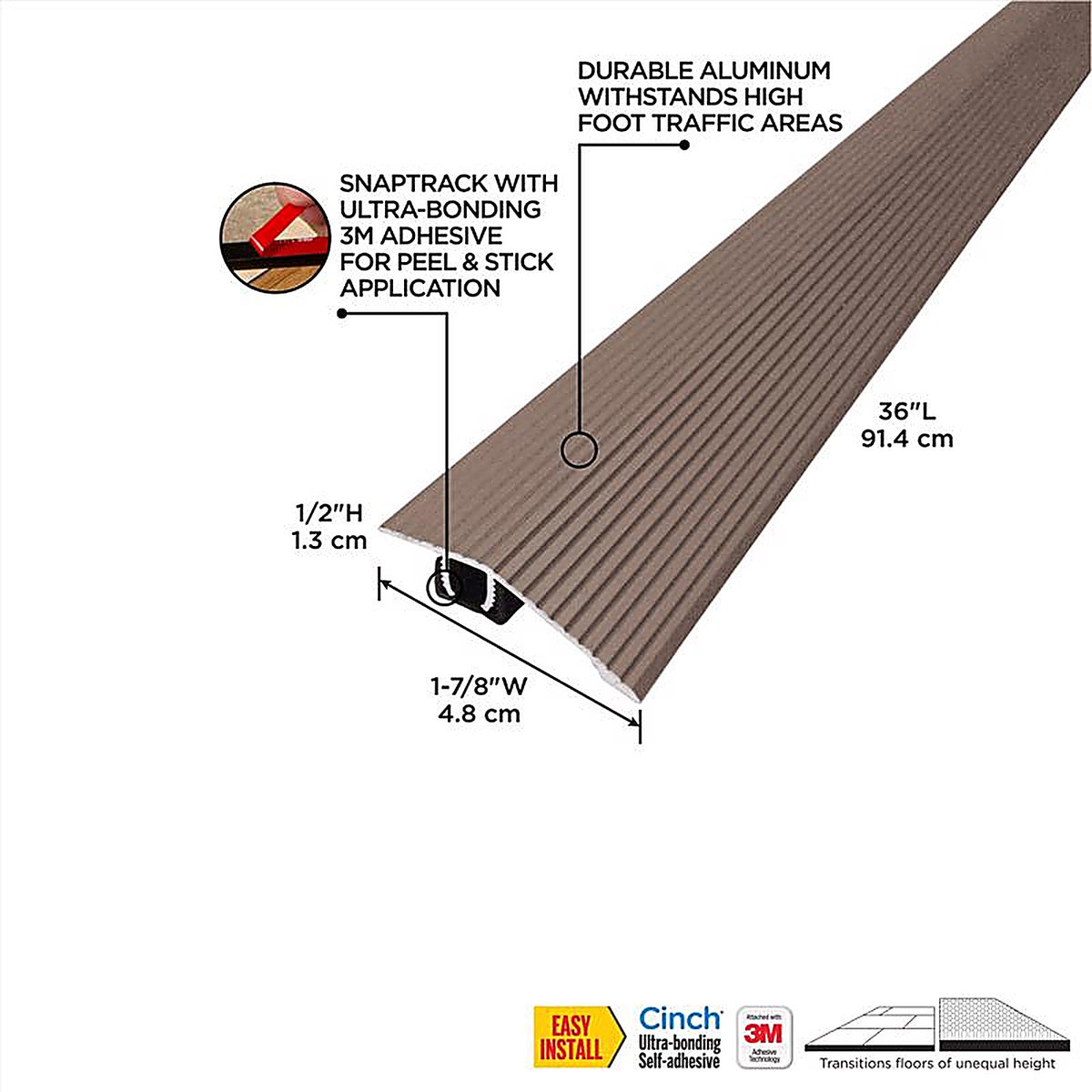 M-D 43319 Cinch 1/2 in. H x 36 L Prefinished Brown Aluminum Reducer Transition Strip