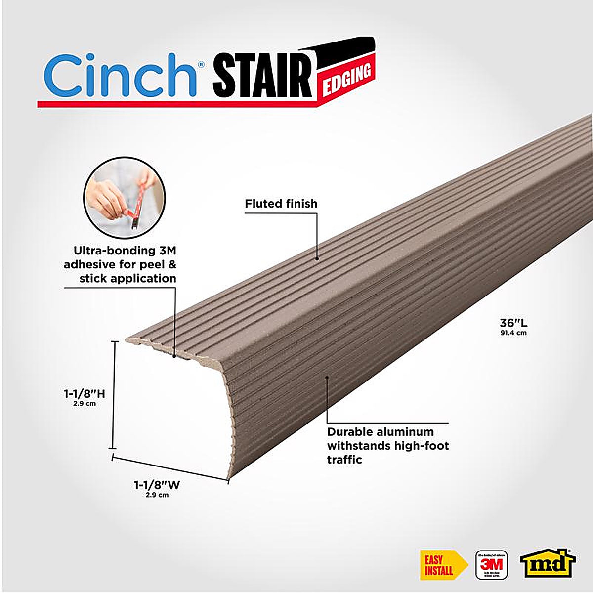 M-D 43311 Cinch 1-1/8 in. H x 36 in. L Prefinished Brown Aluminum Stair Edge