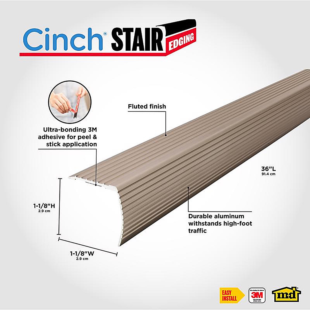 M-D 43310 Cinch 1-1/8 in. H x 36 in. L Prefinished Satin Nickel Aluminum Stair Edge