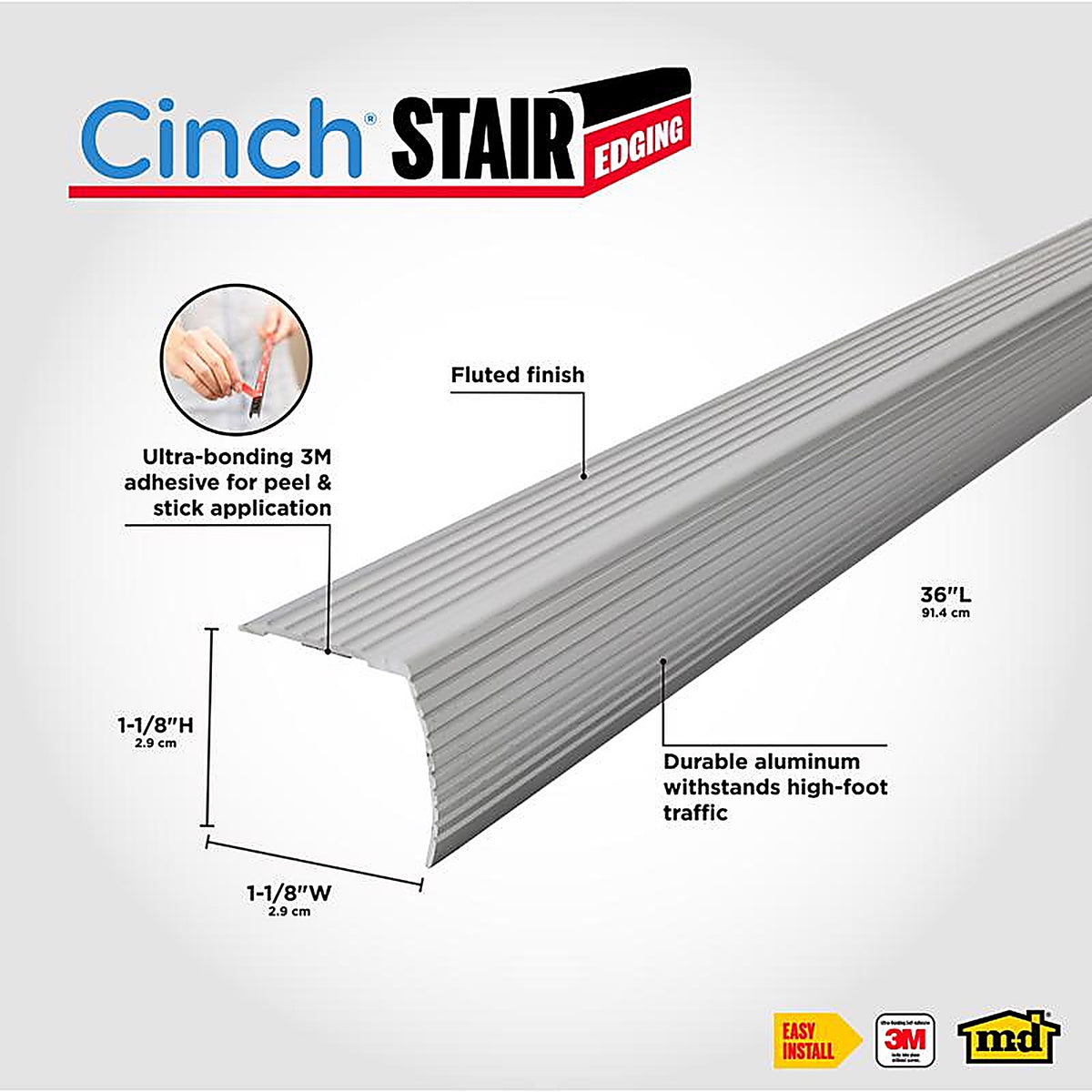 M-D 43309 Cinch 1-1/8 in. H x 36 in. L Prefinished Silver Aluminum Stair Edge