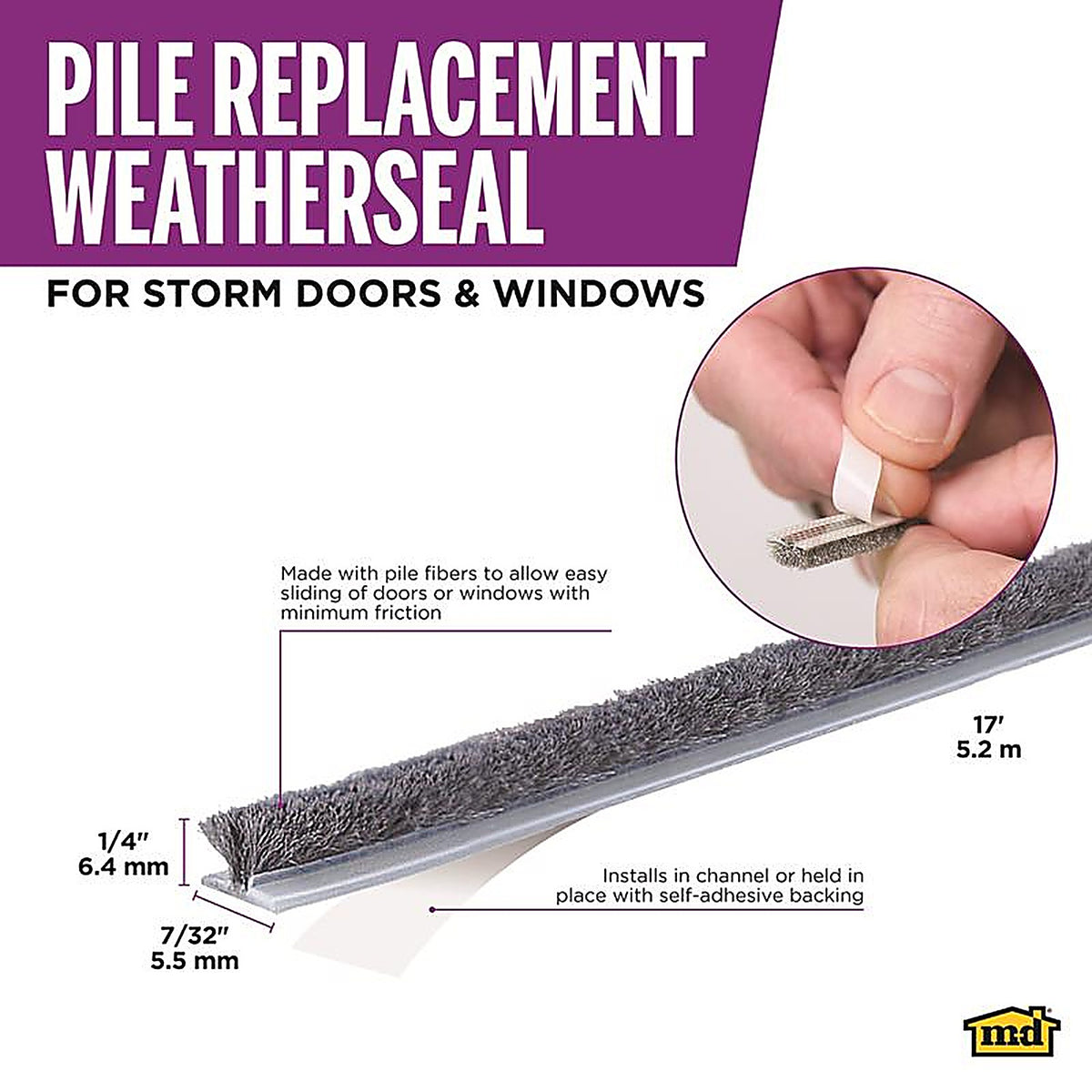 M-D 4267 Gray Pile Weatherstrip For Doors and Windows, Doors and Windows 17 ft. L x 7/32 in.