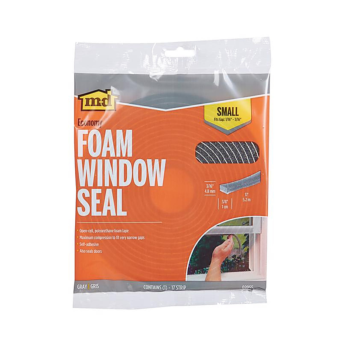 M-D 2055 Gray Foam Weather Stripping Tape For Doors and Windows, Doors and Windows 17 ft. L x 3/16 in.