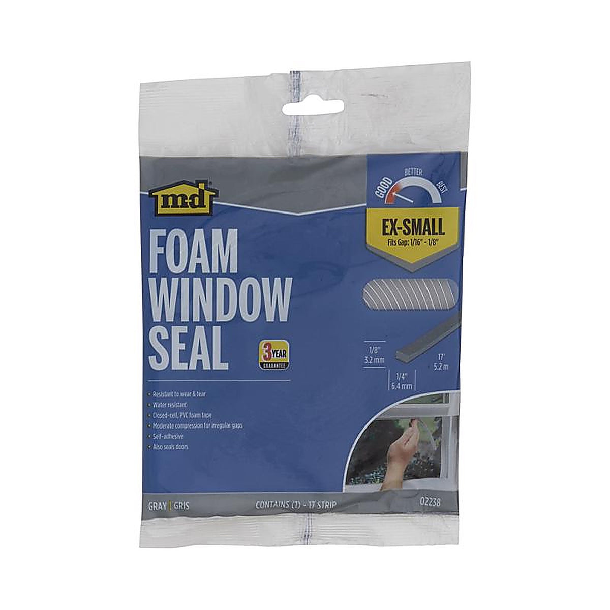 M-D 2238 Gray Vinyl and Foam Weather Stripping Tape For Doors, Doors 17 ft. L x 1/8 in.