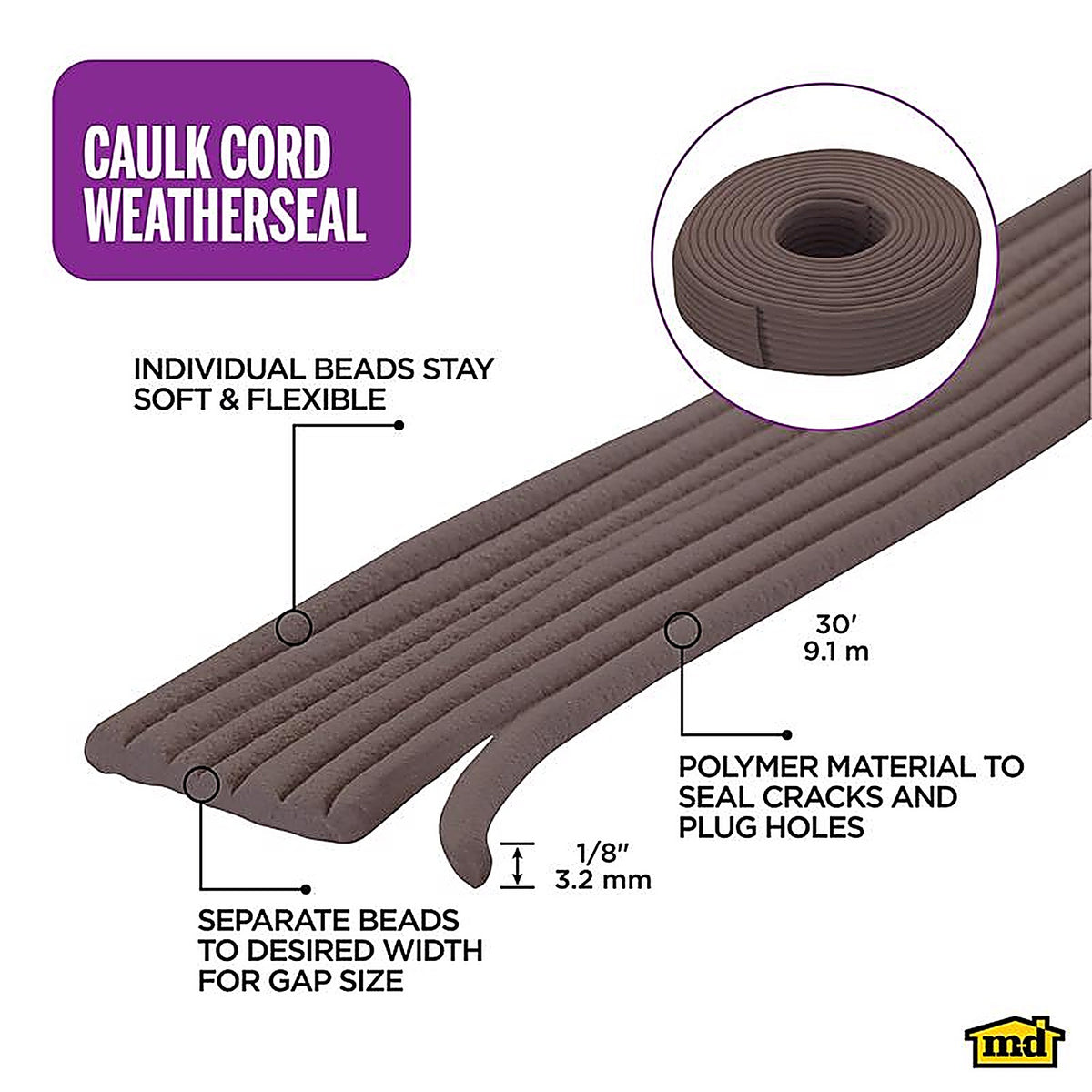 M-D 71510 Brown Vinyl Pliable Rope Caulk For Door and Window 30 in. L