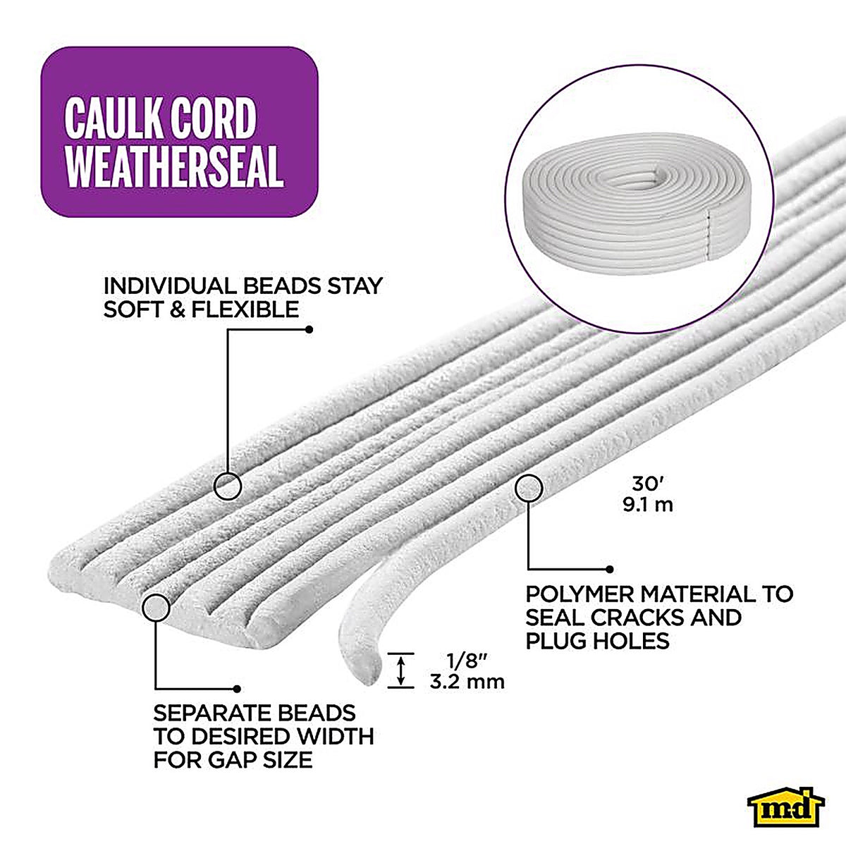 M-D 71505 White Synthetic Fiber Caulking Cord For Door and Window 30 ft. L x 1/8 in.
