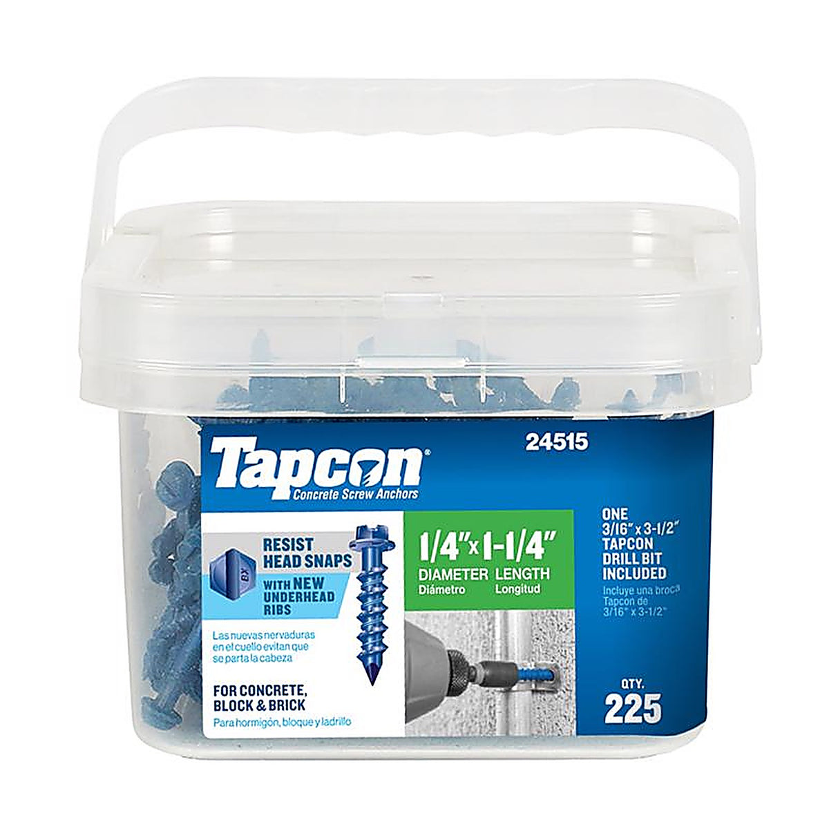 Tapcon 24515 1/4 in. Dia. x 1-1/4 in. L Steel Hex Head Concrete Screw Anchor 225/Pack