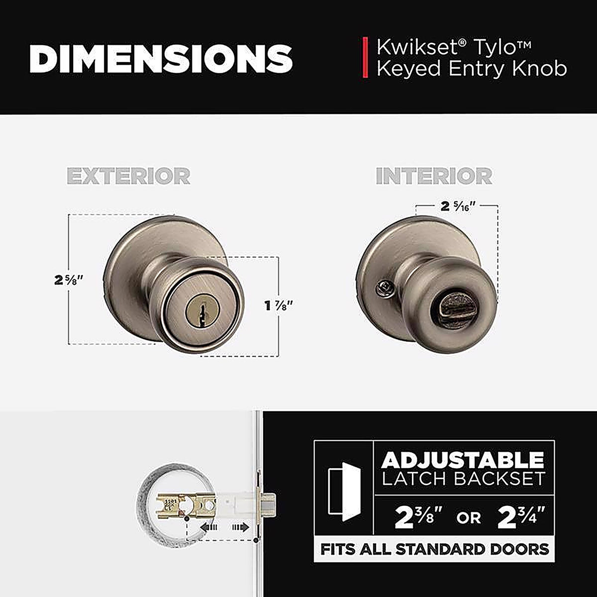 Kwikset 94002-827 Tylo Antique Brass Entry Knobs ANSI/BHMA Grade 3 1-3/4 in.