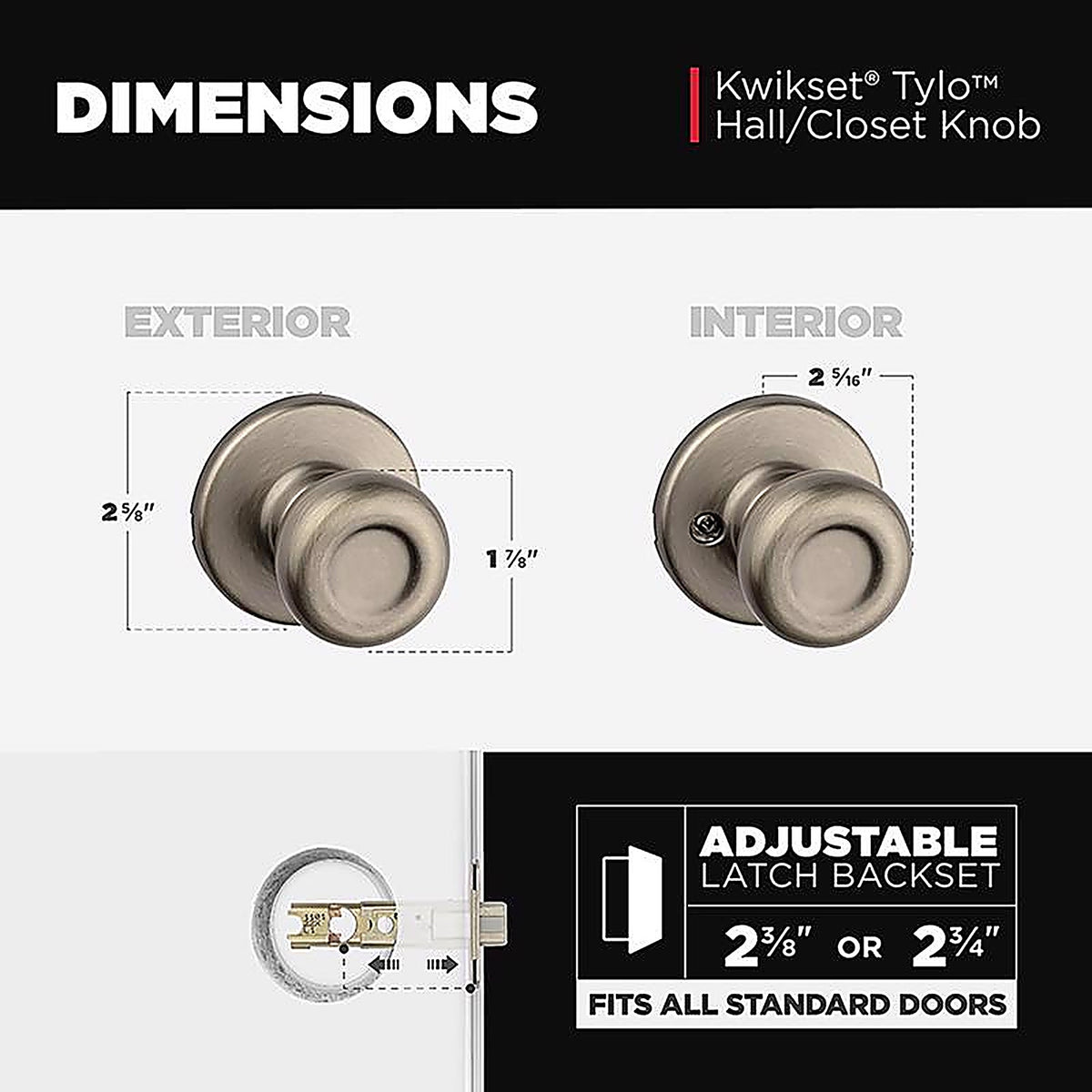 Kwikset 92001-512 Tylo Antique Brass Steel Passage Door Knob 3 Right or Left Handed