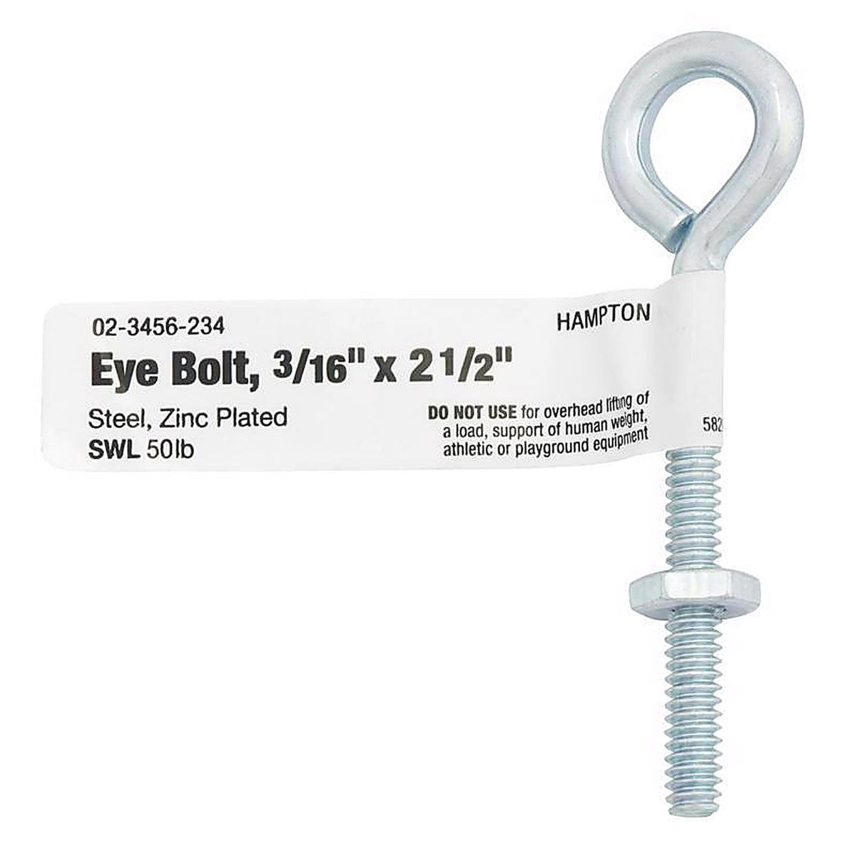Hampton 02-3456-234 3/16 in. x 2-1/2 in. L Zinc-Plated Steel Eyebolt Nut Included