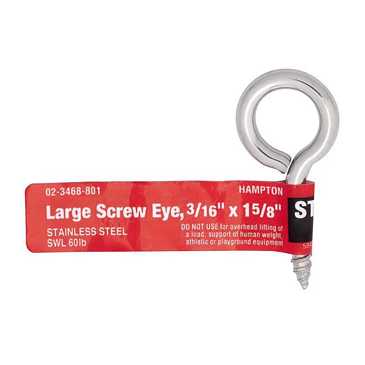 Hampton 02-3468-801 3/16 in. Dia. x 1-5/8 in. L Polished Stainless Steel Screw Eye 60 lb. capacity 1/Pack