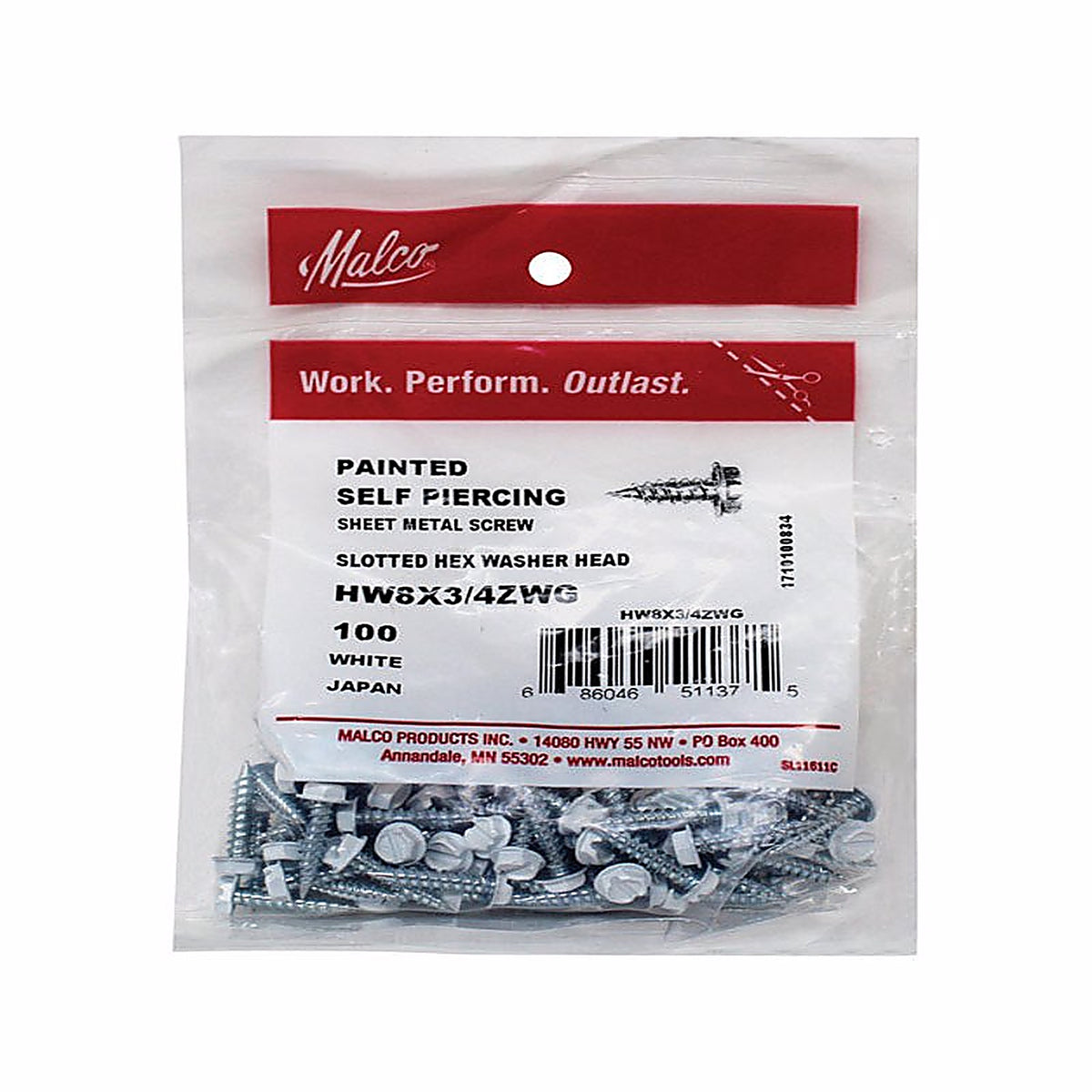 Malco HW8X3/4ZWG No. 8 Sizes x 3/4 in. L Slotted Hex Washer Head Zinc-Plated Metal Sheet Metal Screws 100/Pack