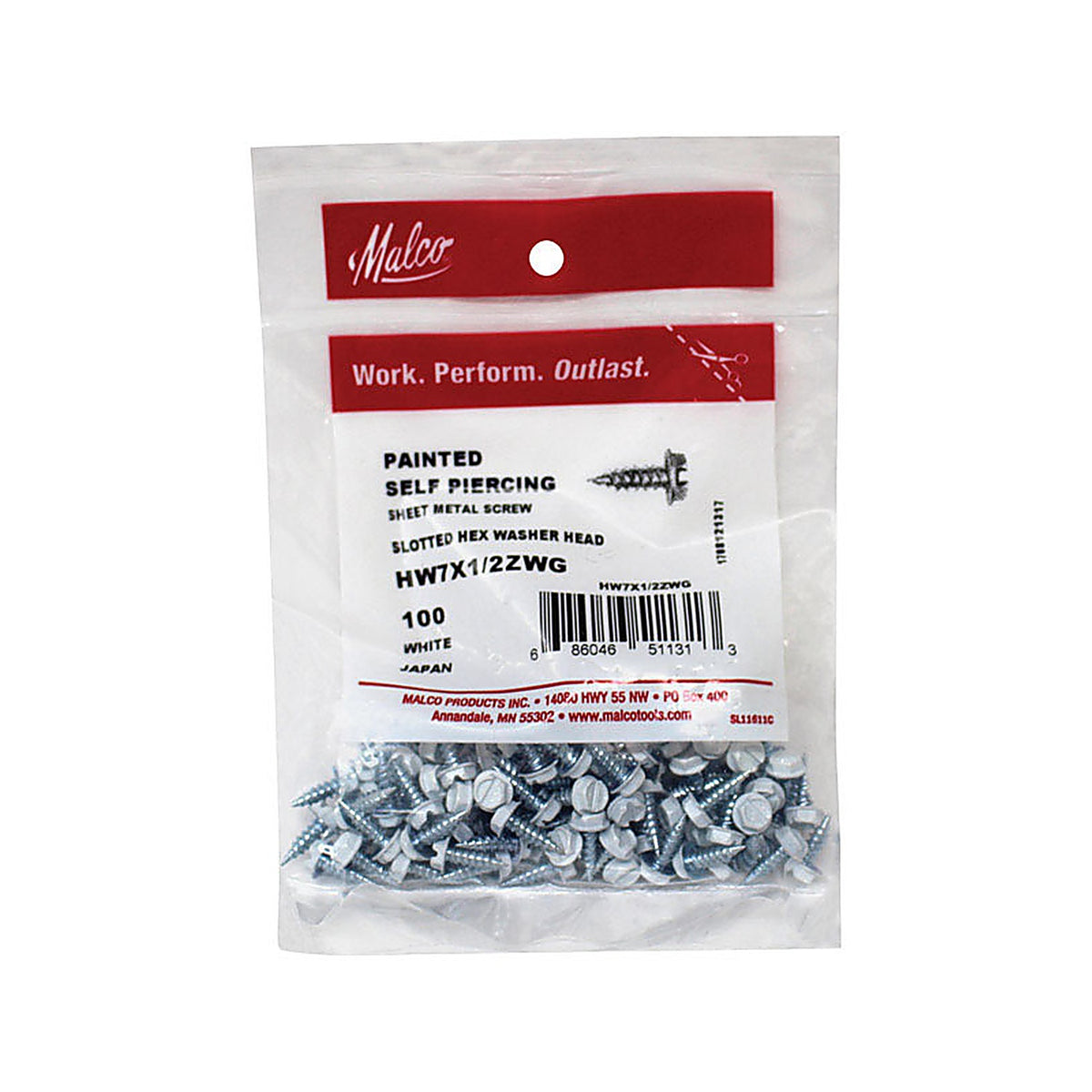 Malco HW7X1/2ZWG No 7 Sizes x 1/2 in. L Slotted Hex Washer Head Zinc-Plated Metal Sheet Metal Screws 100/Pack