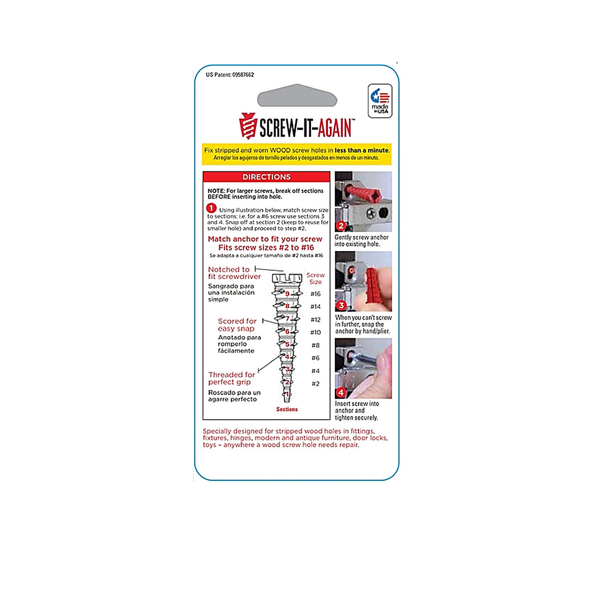 Screw-It-Again SIA-10PK 1/4 in. Dia. x 2 in. L Polypropylene Hex Head Wood Anchor 10/Pack