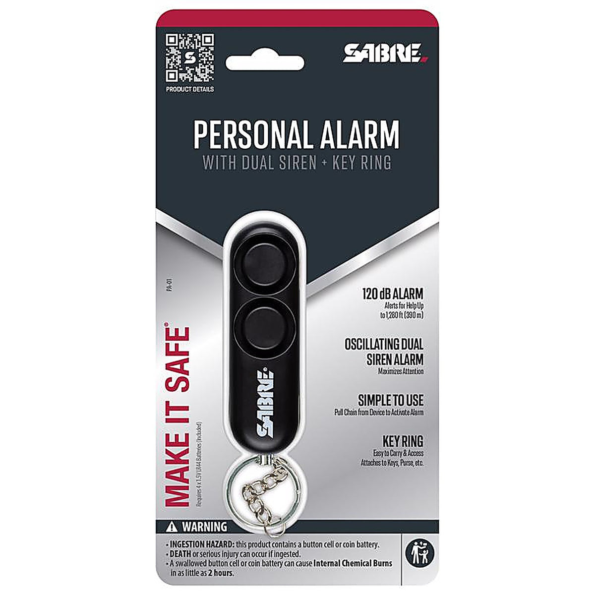 Sabre PA-01 Black Plastic Personal Security Alarm