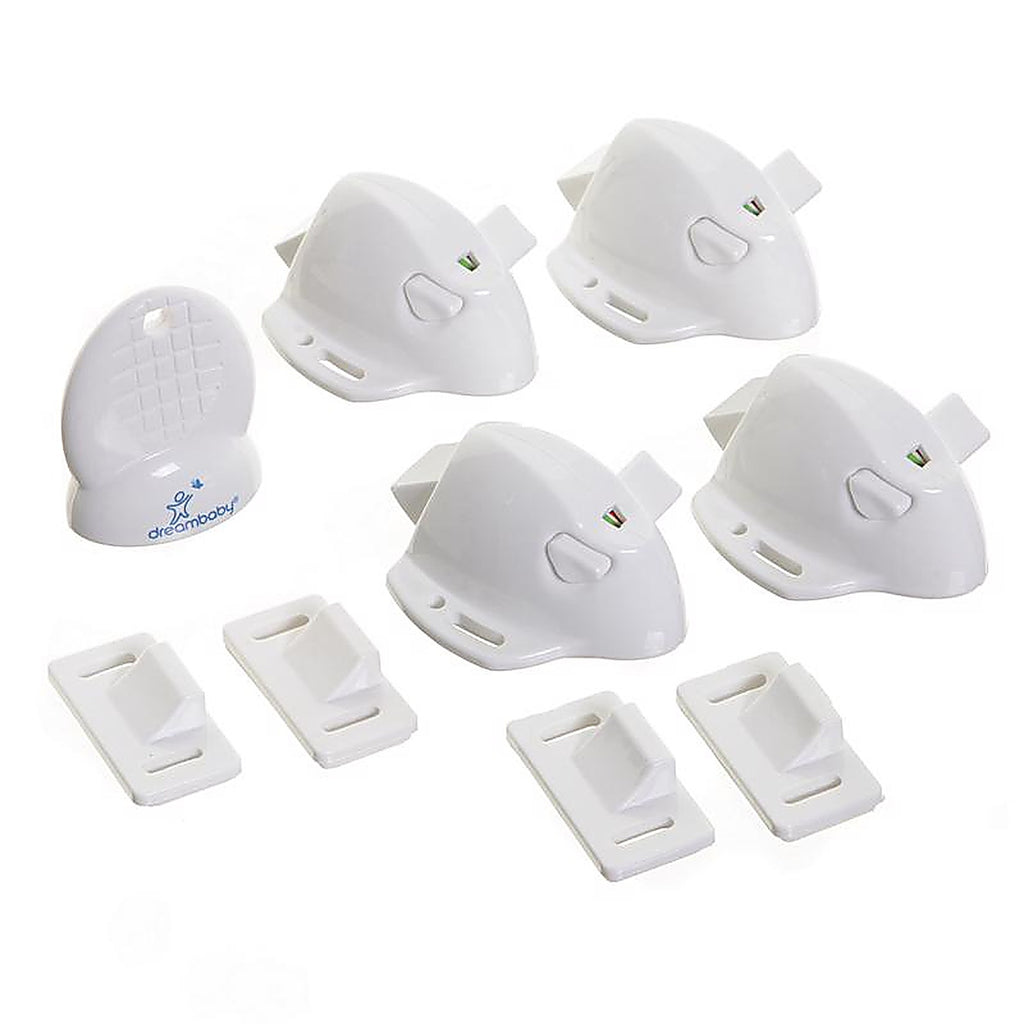 Dreambaby L855A Adhesive Mag Lock White Plastic Adhesive Magnetic Cabinet Locks 5/Pack