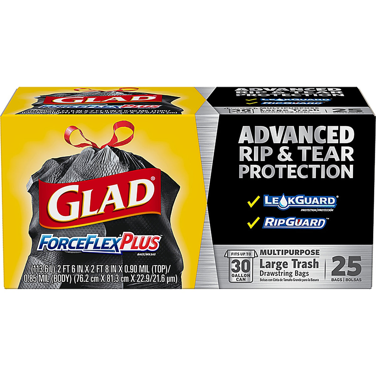 Glad 70359 ForceFlex Plus 30 gal. Trash Bags Drawstring 25/Pack