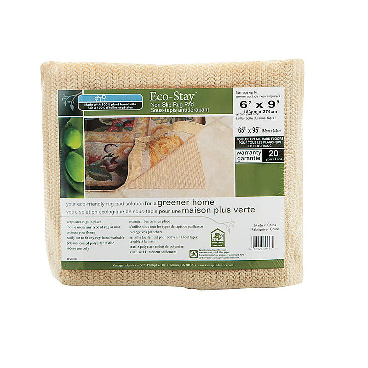 Vantage Industries VATG-V14767-04 Con-Tact Brand Eco Stay 6 ft. W x 9 ft. L Reversible Polyester Indoor Rug Pad
