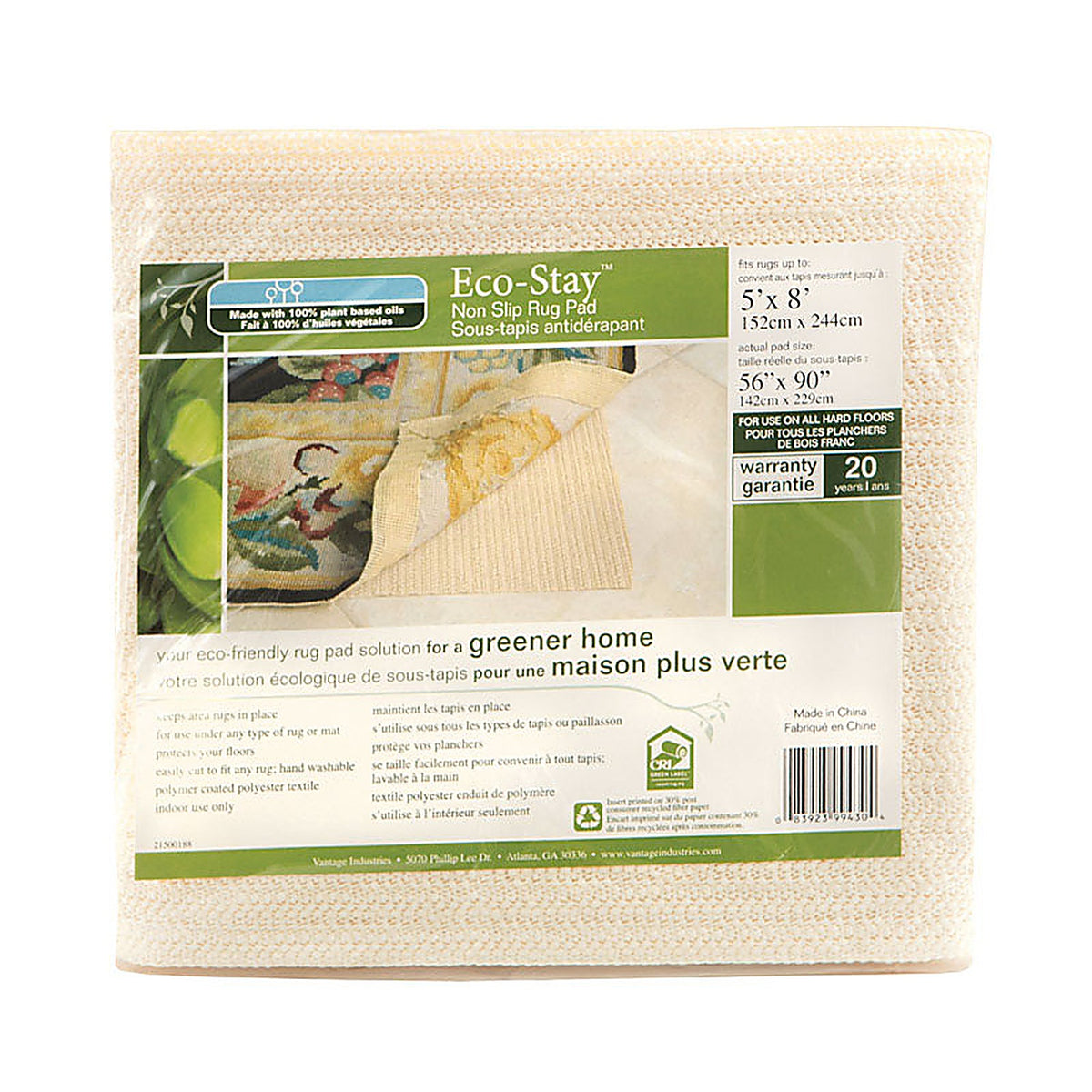 Vantage Industries VATG-V14738-06 Con-Tact Brand Eco Stay 5 ft. W x 8 ft. L Reversible Polyester Indoor Rug Pad