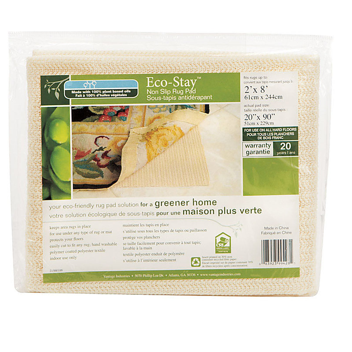 Vantage Industries VATG-V14736-08 Con-Tact Brand Eco Stay 2 ft. W x 8 ft. L Reversible Polyester Indoor Rug Pad