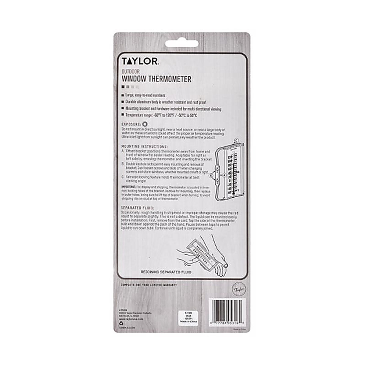 Taylor 5316N Tube Thermometer Plastic White
