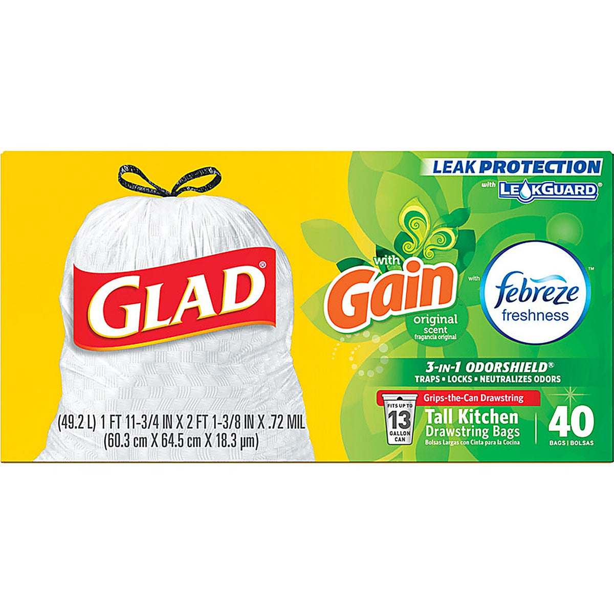 Glad 78685 Gain 13 gal. Fresh Scent Trash Bags Drawstring 40/Pack