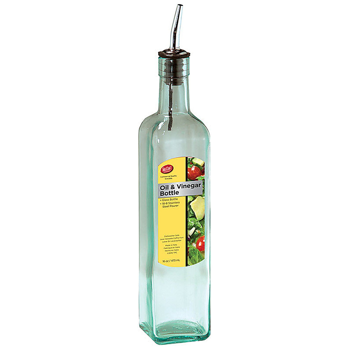 Tablecraft H916 Clear Glass/Steel Oil and Vinegar Bottle w/Pourer