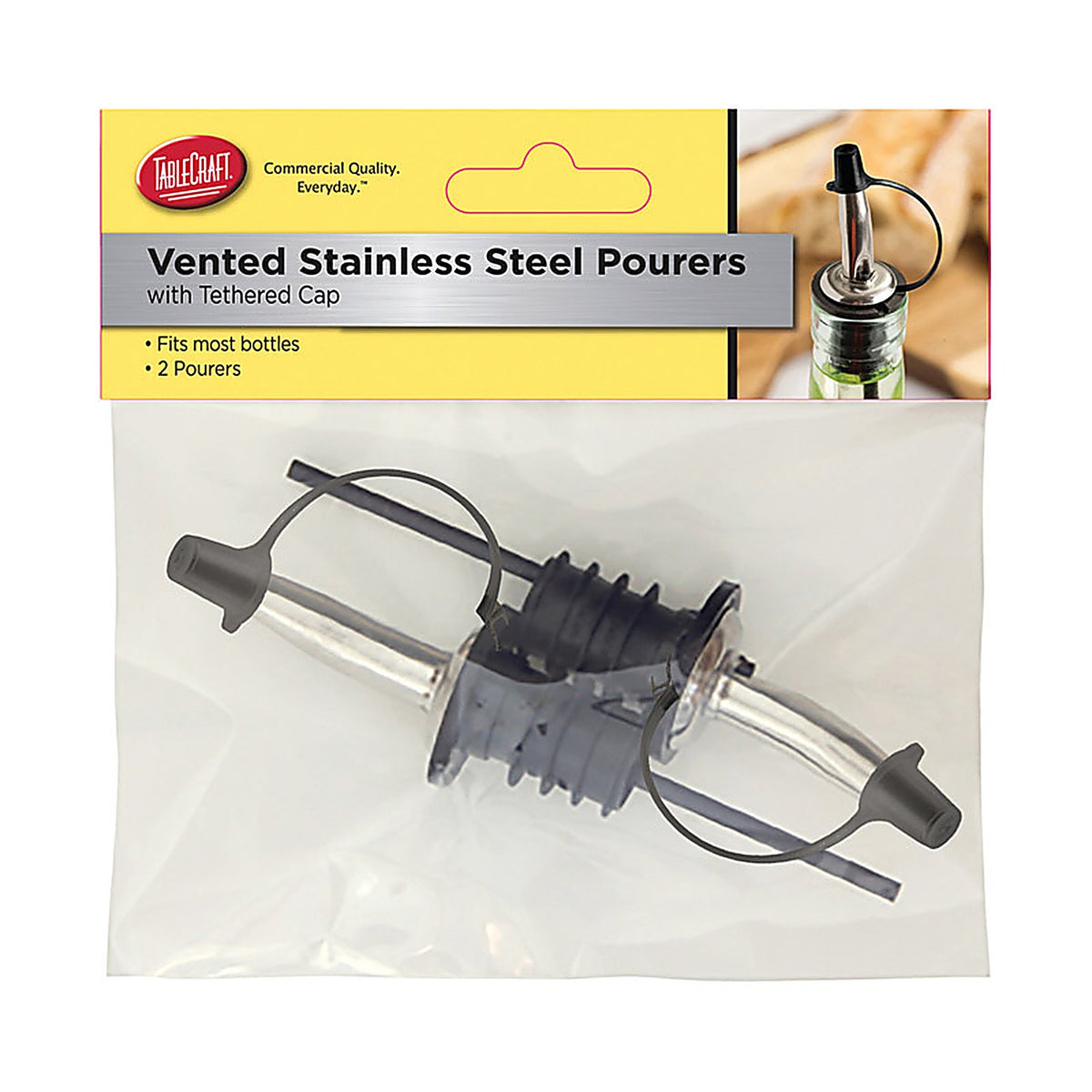 Tablecraft H599PTC2 4-3/4 in. L Silver/Black ABS/Stainless Steel Vented Bottle Pourer w/Cap