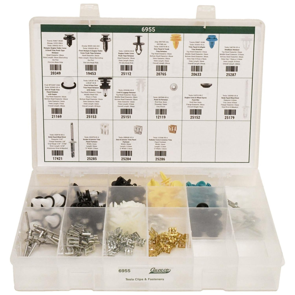 Auveco 6955 Tesla Clips, Fastener, Retainer Assortment 16 Items 210 Pieces