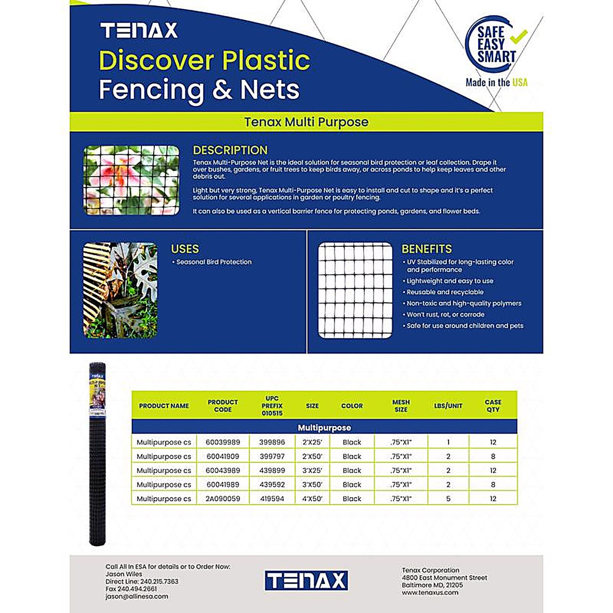 Tenax 60041989 3 ft. H x 50 ft. L Polypropylene Multi-Purpose Netting Black