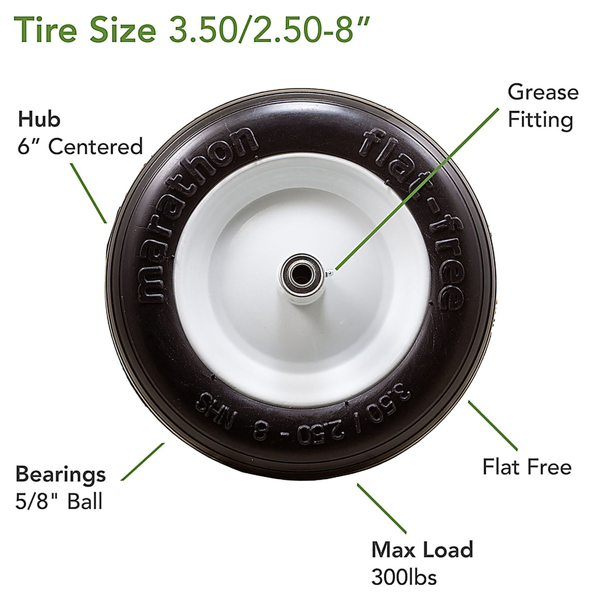Marathon 00003 Universal Fit 8 in. Dia. x 13.3 in. Dia. 300 lb. capacity Centered Wheelbarrow Tire Polyurethane