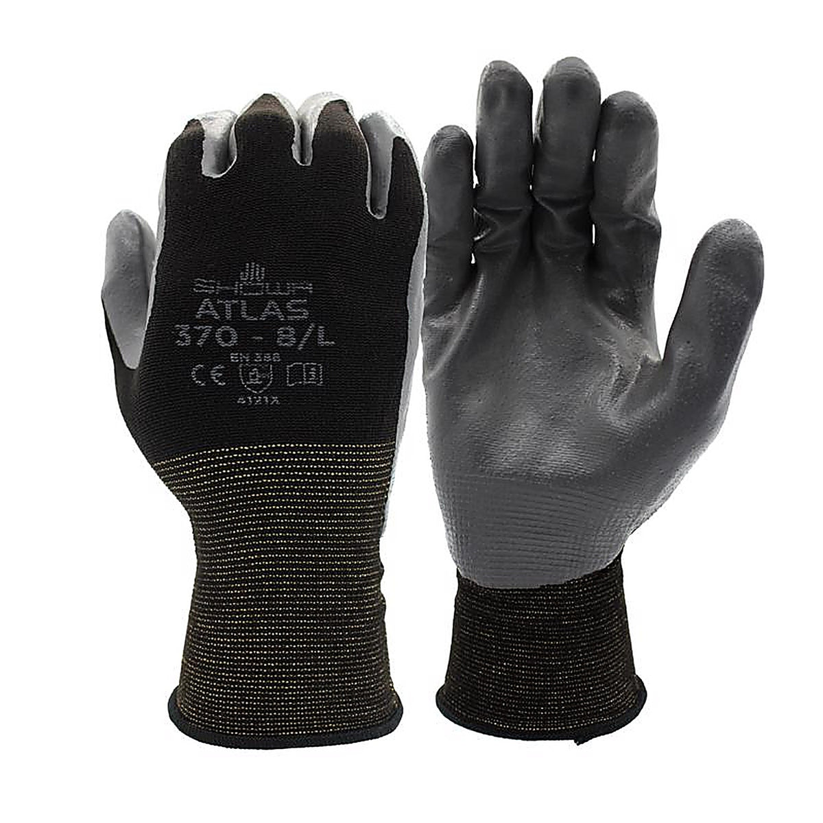 Atlas 370BL-08.RT Unisex Indoor/Outdoor Nitrile Dipped Gloves Black/Gray L 1 pair