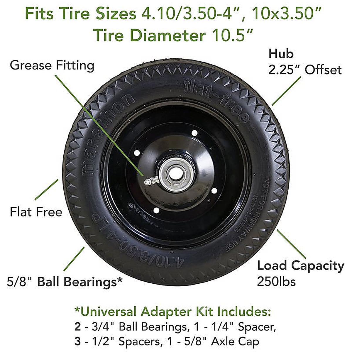 Marathon 210 Universal Fit 4 in. Dia. x 10.3 in. Dia. 300 lb. capacity Offset Hand Truck Tire Polyurethane