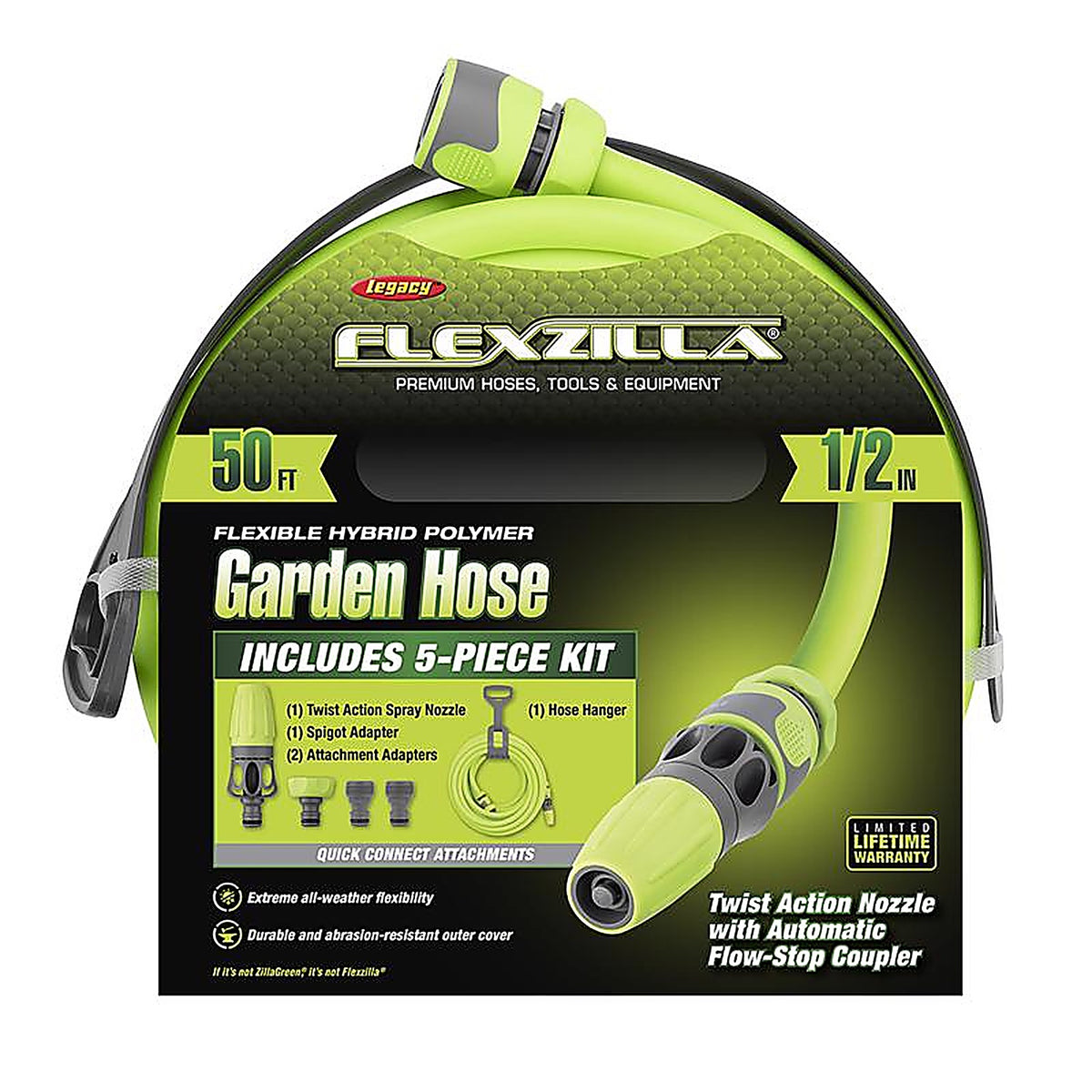 Legacy HFZG12050QN Flexzilla 1/2 in. Dia. x 50 ft. L Zilla Green Hybrid Polymer Garden Hose Kit