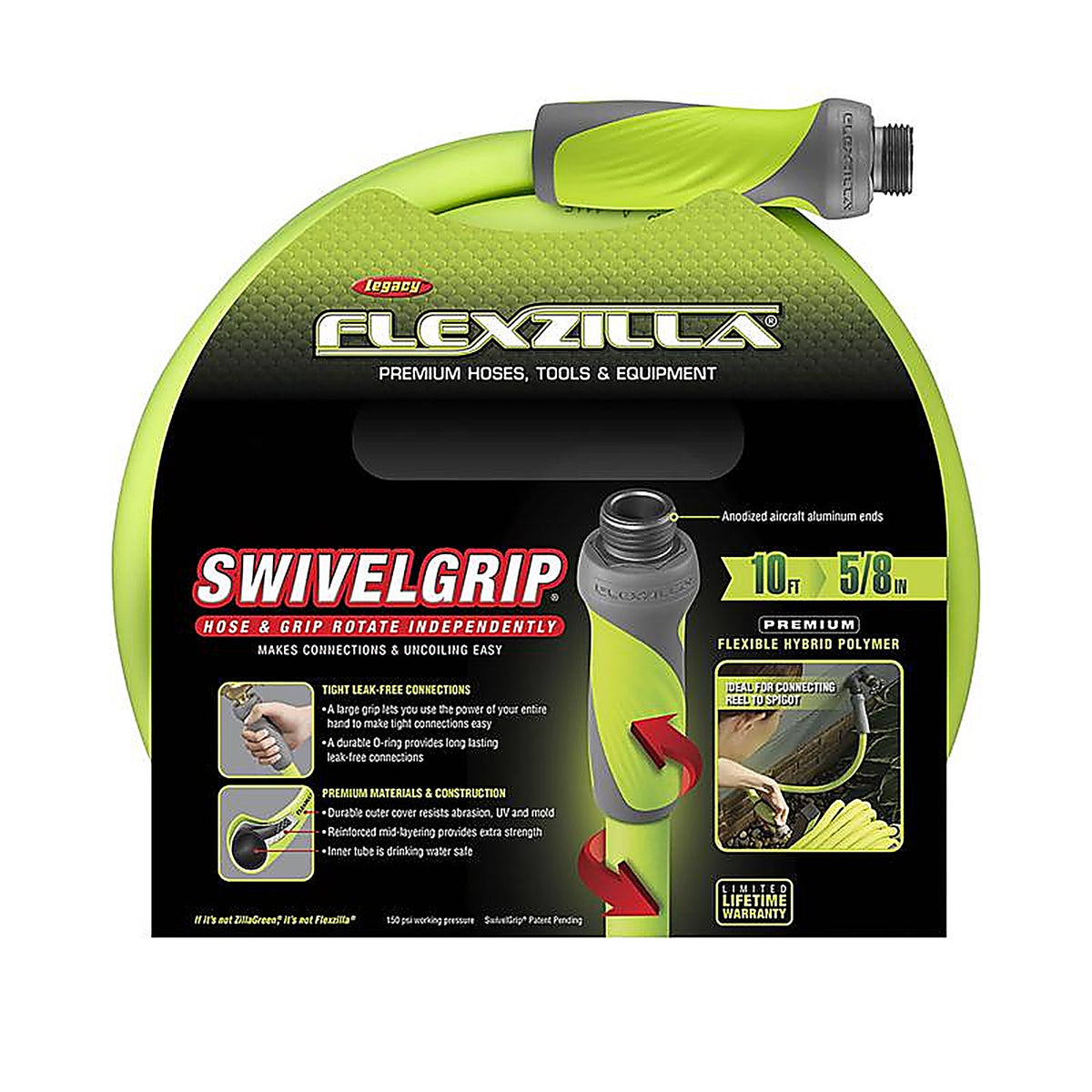 Legacy HFZG510YWS Flexzilla SwivelGrip 5/8 in. Dia. x 10 ft. L Zilla Green Hybrid Polymer Garden Hose