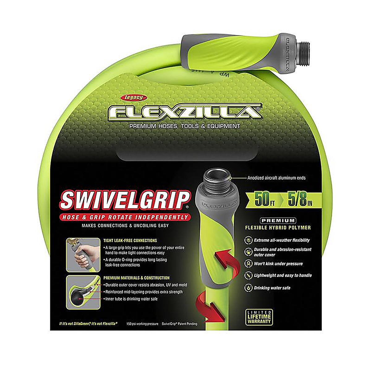 Legacy HFZG550YWS Flexzilla SwivelGrip 5/8 in. Dia. x 50 ft. L Zilla Green Hybrid Polymer Garden Hose
