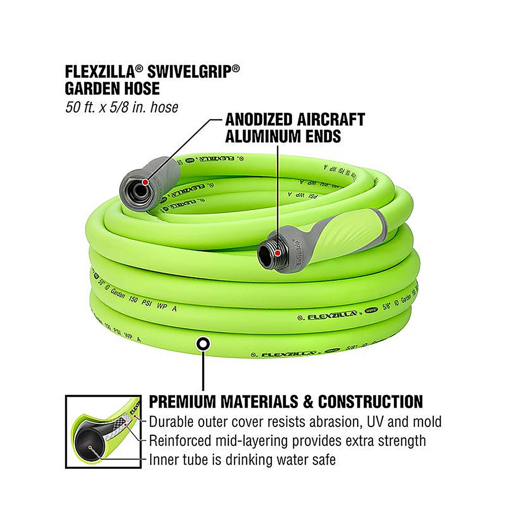Legacy HFZG550YWS Flexzilla SwivelGrip 5/8 in. Dia. x 50 ft. L Zilla Green Hybrid Polymer Garden Hose