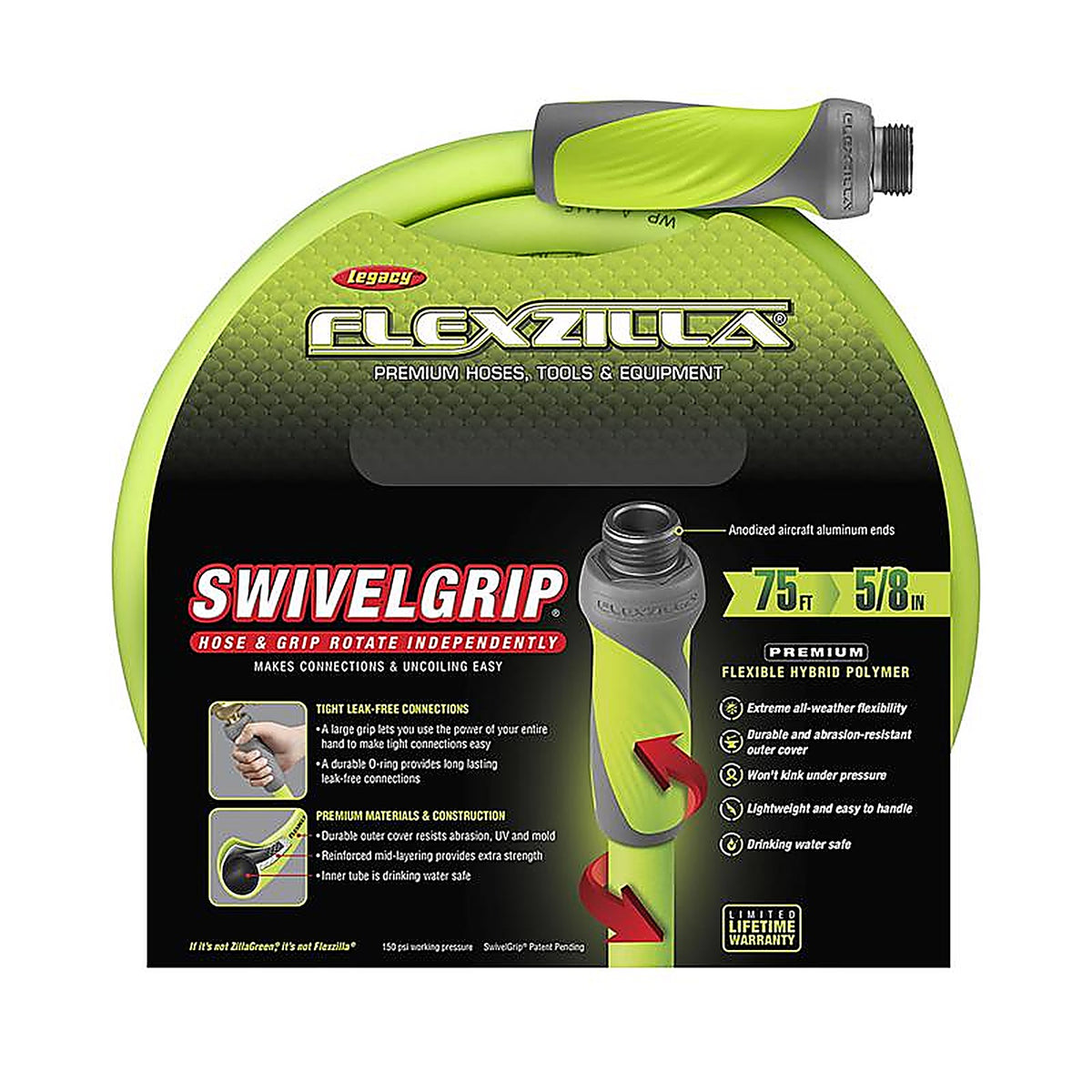 Legacy HFZG575YWS Flexzilla SwivelGrip 5/8 in. Dia. x 75 ft. L Zilla Green Hybrid Polymer Garden Hose