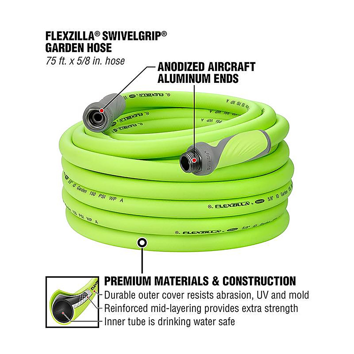 Legacy HFZG575YWS Flexzilla SwivelGrip 5/8 in. Dia. x 75 ft. L Zilla Green Hybrid Polymer Garden Hose