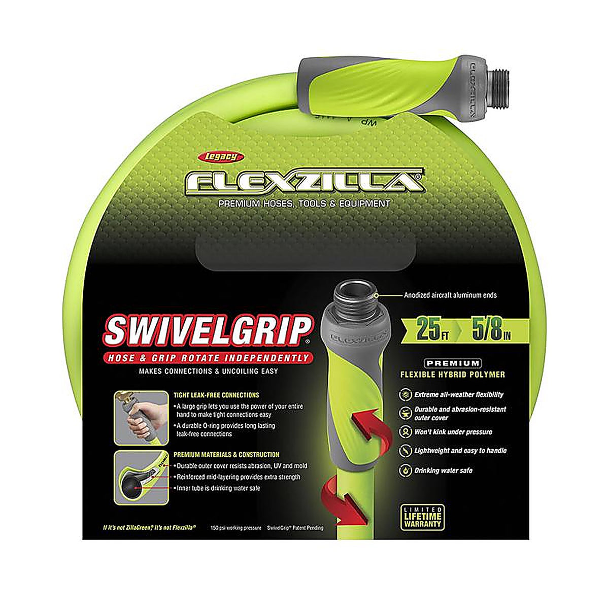 Flexzilla HFZG525YWS SwivelGrip 5/8 in. Dia. x 25 ft. L Zilla Green Hybrid Polymer Garden Hose