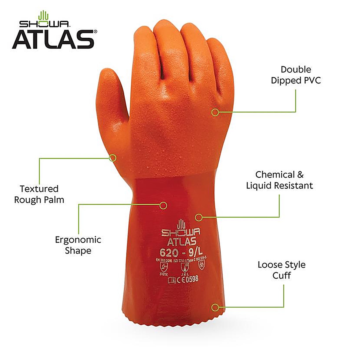 Showa 620L-09.RT Atlas Unisex Indoor/Outdoor PVC Chemical Gloves Orange L 1 pair