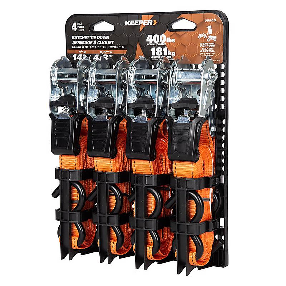 Keeper 5505 1 in. W x 14 ft. L Orange Tie Down w/Ratchet 400 lb. 4/Pack