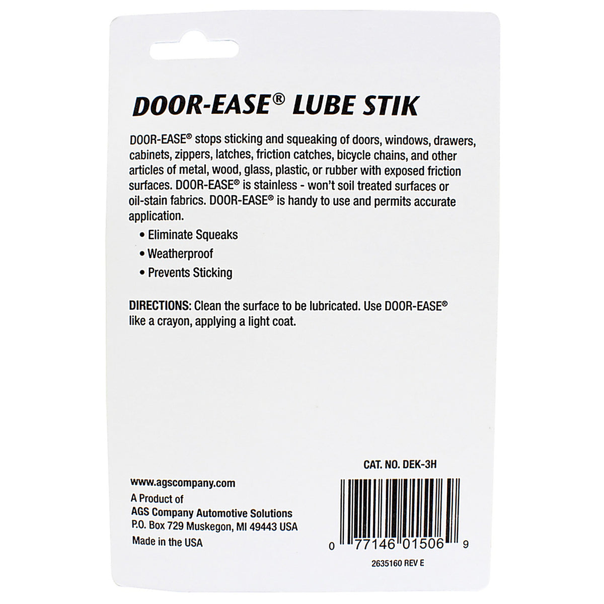 AGS DEK-3H Door-Ease Stick Lubricant 1.6 oz.