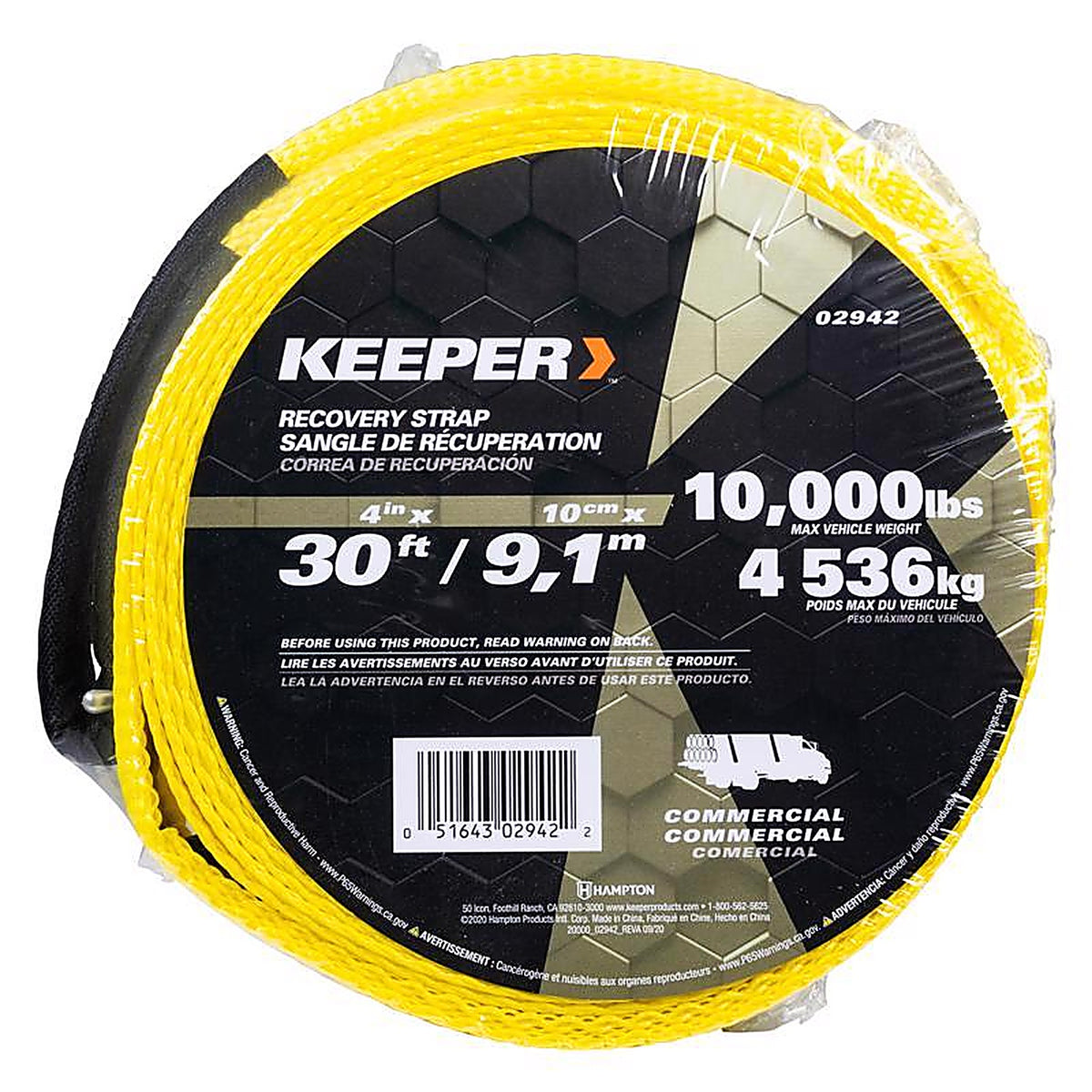 Keeper 2942 4 in. W x 30 ft. L Yellow Vehicle Recovery Strap 10000 lb. 1/Pack