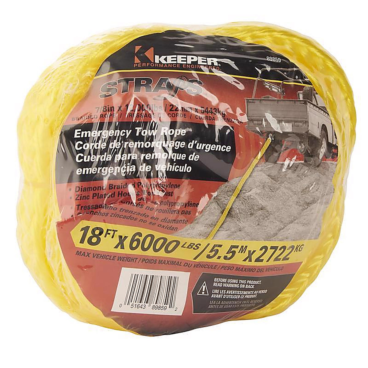 Keeper 89859 7/8 in. W x 18 ft. L Yellow Tow Rope 6000 lb. 1/Pack
